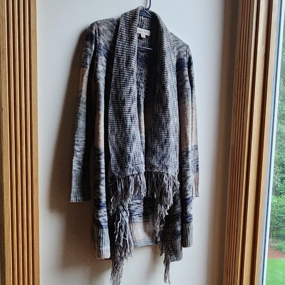 Knox Rose Tan/Brown Striped Open Cardigan With Fringe Size XS - Picture 3 of 14